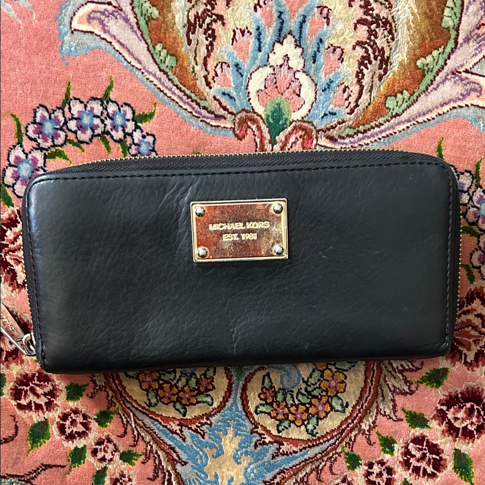 Michael Kors Black Leather and Gold Hardware Long Wallet